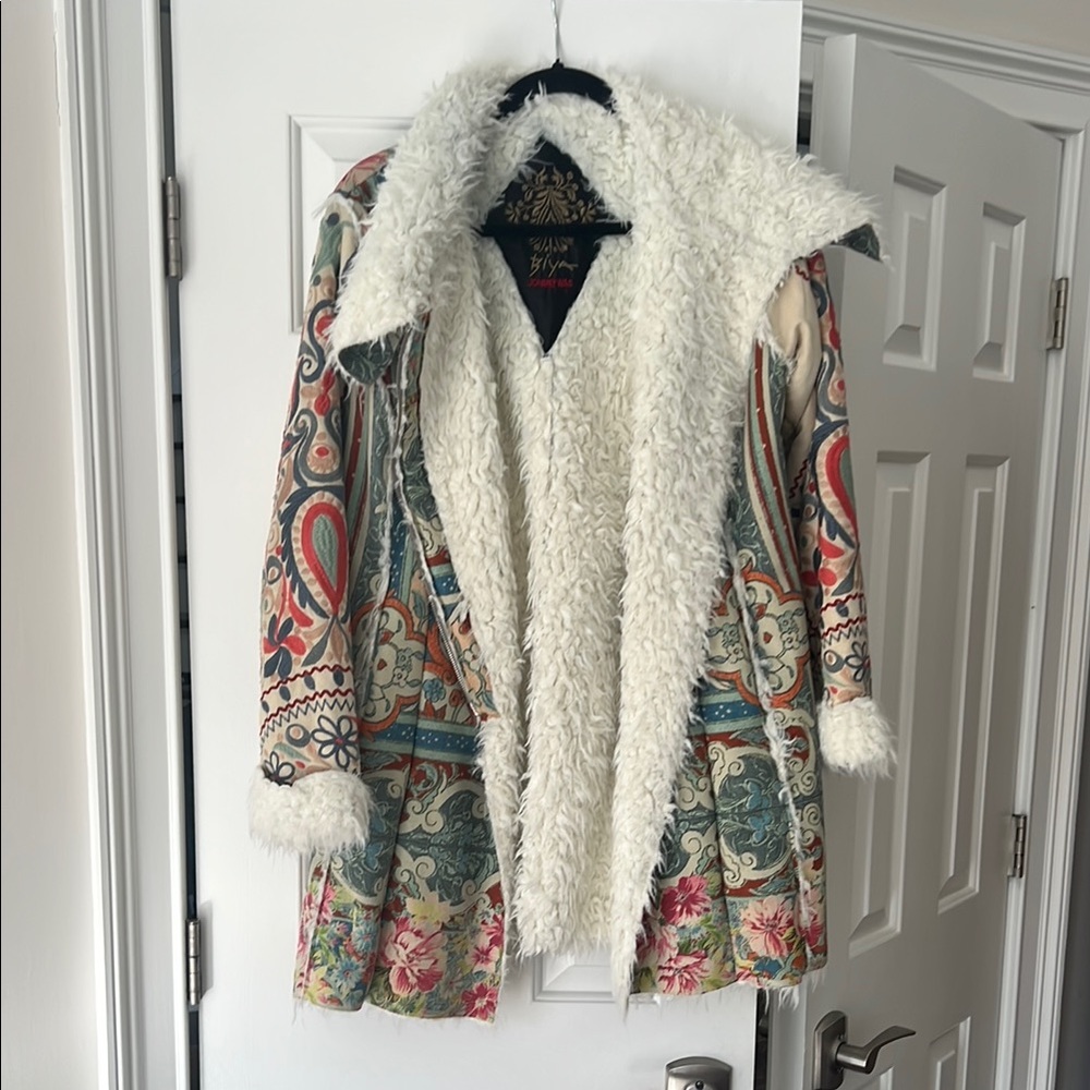 Johnny Was White and Red Teddy Jacket with Plush Collar and Colorful Print